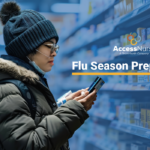 Woman in Winter Gear On Phone with Text Overlay Flu Season Preparedness