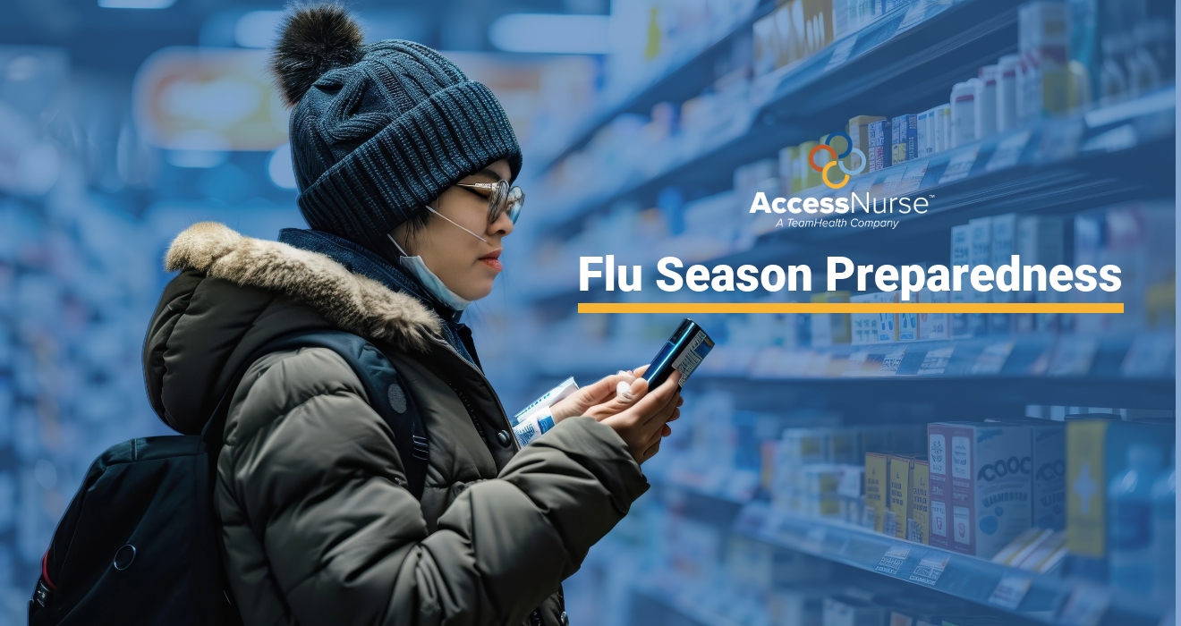 Woman in Winter Gear On Phone with Text Overlay Flu Season Preparedness
